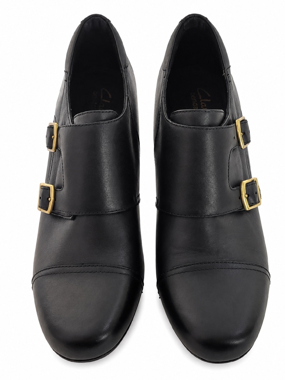 Clarks Bendables Black Leather Double Monk Strap Block Heel Booties - Size 9 - Picture 5 of 15